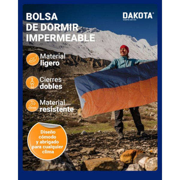 Bolsa De Dormir Térmica Impermeable Dakota Rectangular Temperatura De 10ºc A 20ºc Azul - Naranja - Imagen 6