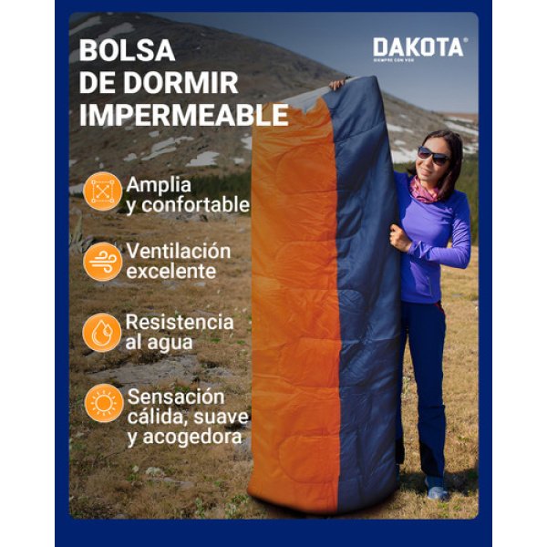 Bolsa De Dormir Térmica Impermeable Dakota Rectangular Temperatura De 10ºc A 20ºc Azul - Naranja - Imagen 4