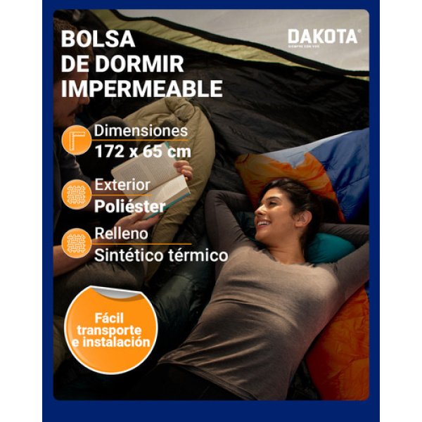Bolsa De Dormir Térmica Impermeable Dakota Rectangular Temperatura De 10ºc A 20ºc Azul - Naranja - Imagen 3