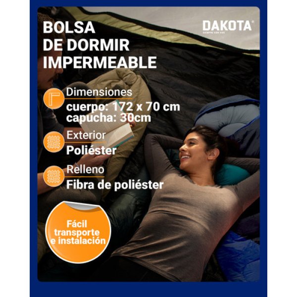 Bolsa De Dormir Térmica Con Capucha Dakota Camping Impermeable Rectangular Temperatura De -5ºc A 20ºc Azul-gris - Imagen 3