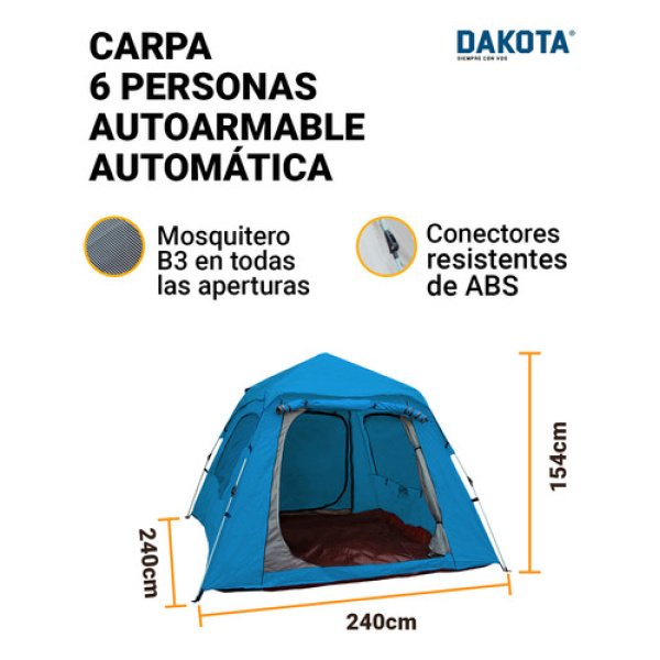 Carpa Autoarmable Para 6 Personas Dakota Automática 240x240x154cm Color Azul - Imagen 2