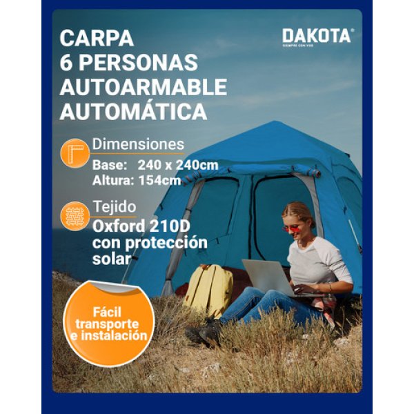 Carpa Autoarmable Para 6 Personas Dakota Automática 240x240x154cm Color Azul - Imagen 5