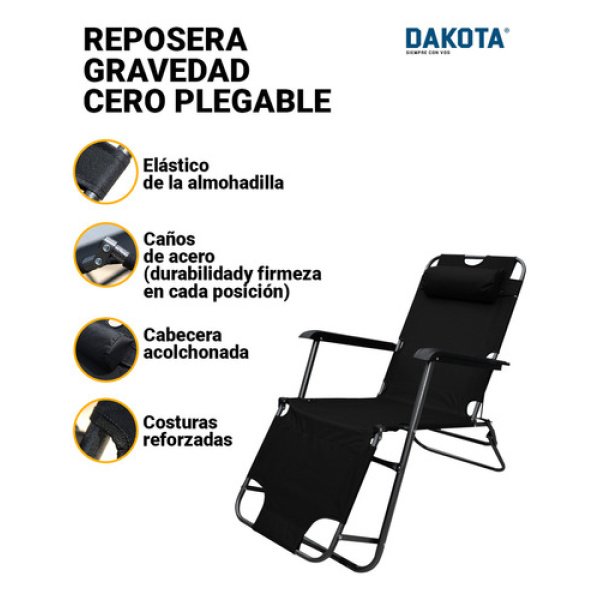 Reposera Gravedad Cero Plegable Reforzada Dakota Soft150 Color Negro - Imagen 7
