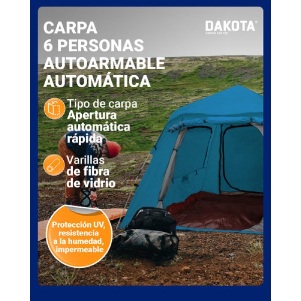 Carpa Autoarmable Para 6 Personas Dakota Automática 240x240x154cm Color Azul - Imagen 7
