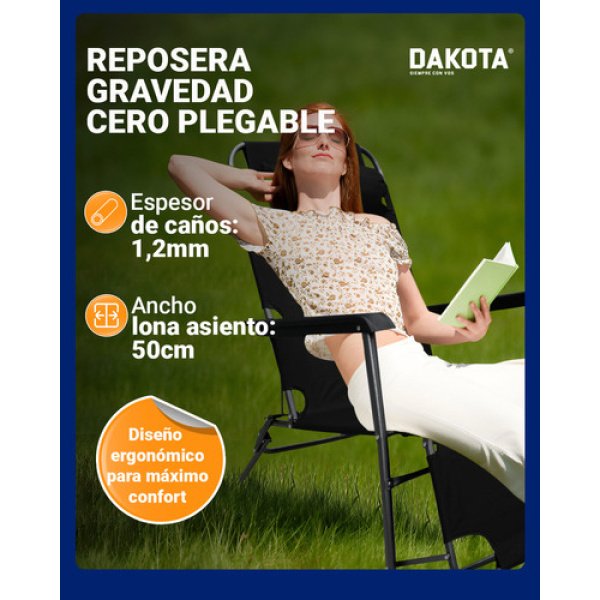 Reposera Gravedad Cero Plegable Reforzada Dakota Soft150 Color Negro - Imagen 8