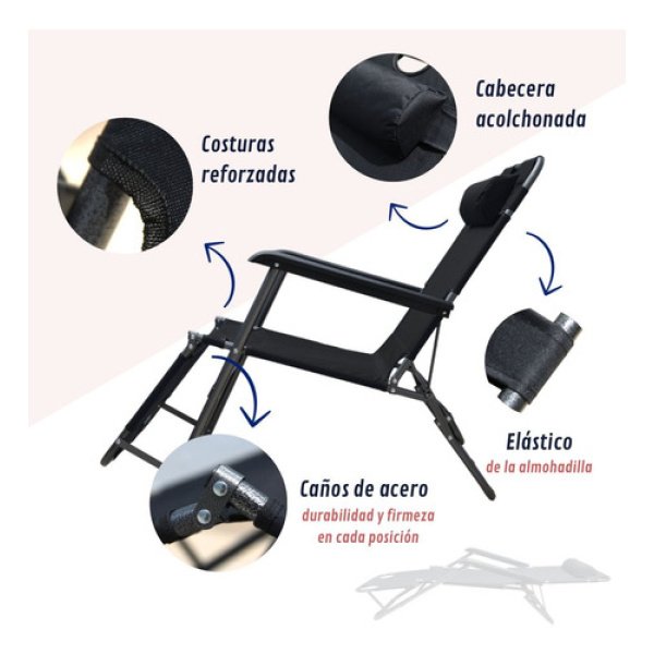 Reposera Gravedad Cero Plegable Reforzada Dakota Soft150 Color Negro - Imagen 3