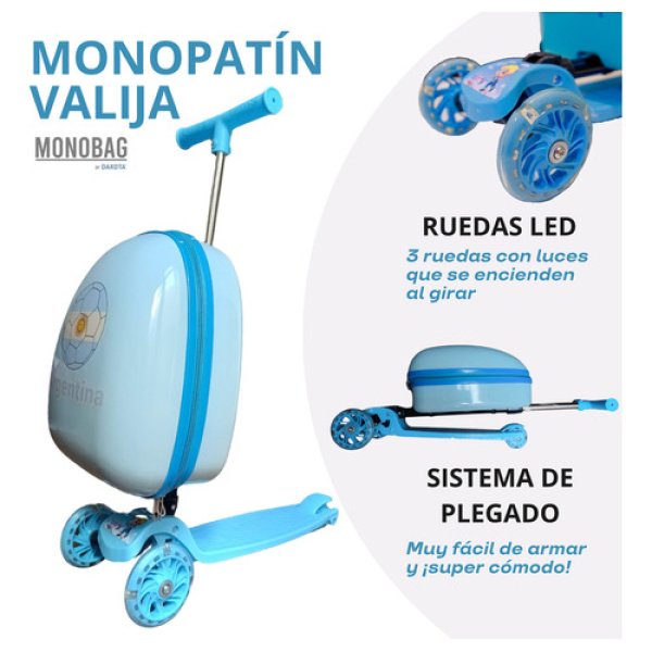Monopatín Monobag Mb01  Patineta Mochila Rígida Valija Luces Diseño Argentina Celeste - Imagen 5