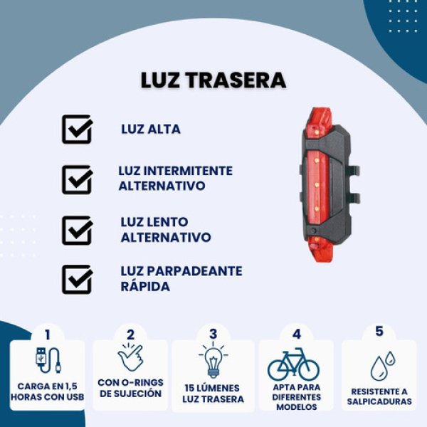 Kit Luces Usb Led Seguridad Bici Dakota 2218 Delantera Y Trasera + Color Negro - Imagen 2