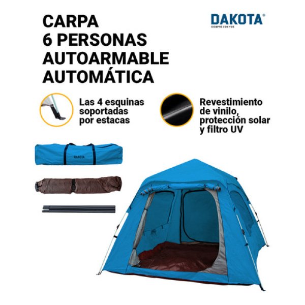 Carpa Autoarmable Para 6 Personas Dakota Automática 240x240x154cm Color Azul - Imagen 6