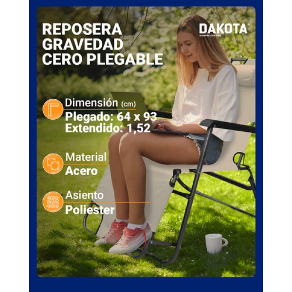 Reposera Gravedad Cero Plegable Reforzada Dakota Soft150 Color Negro - Imagen 4