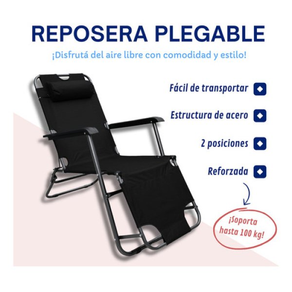 Reposera Gravedad Cero Plegable Reforzada Dakota Soft150 Color Negro - Imagen 2