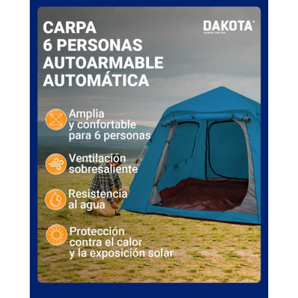 Carpa Autoarmable Para 6 Personas Dakota Automática 240x240x154cm Color Azul - Imagen 3
