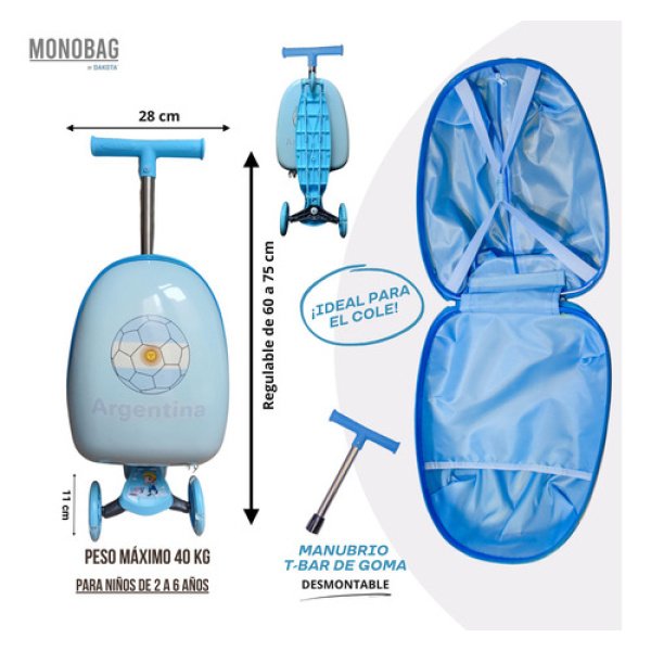 Monopatín Monobag Mb01  Patineta Mochila Rígida Valija Luces Diseño Argentina Celeste - Imagen 3