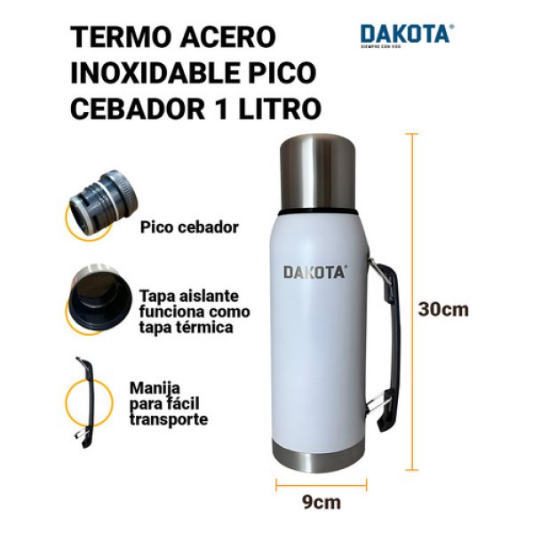 Termo Acero Inoxidable Pico Cebador Dakota 1 Litro Colores Color Blanco - Imagen 2