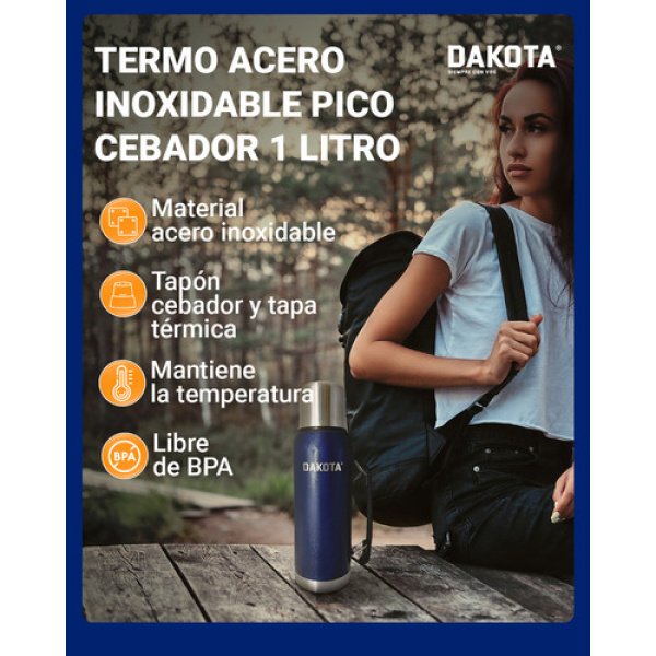 Termo Acero Inoxidable Pico Cebador Dakota 1 Litro Colores Color Azul - Imagen 4