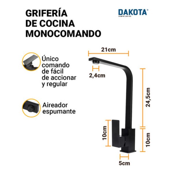 Grifería Cocina Mesada Monocomando Dakota Cuello Curvo Color Mate - Imagen 2