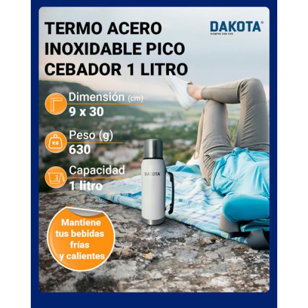 Termo Acero Inoxidable Pico Cebador Dakota 1 Litro Colores Color Blanco - Imagen 3