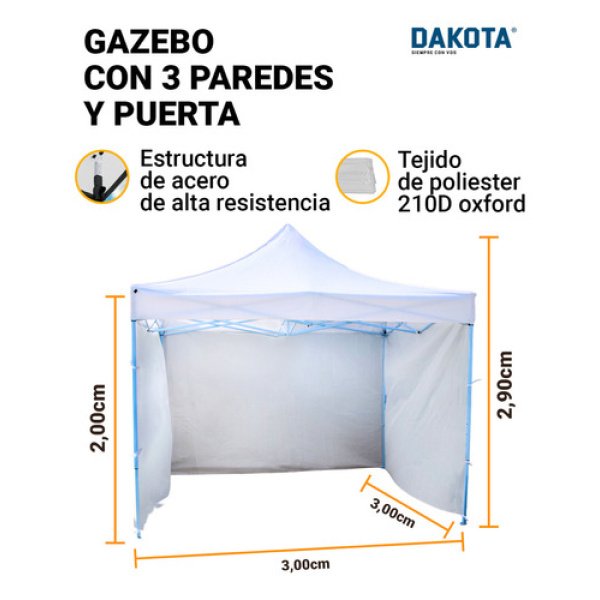 Gazebo Dakota Gz33p4 3x3 Autoarmable Paredes + Puerta + Estacas + Bolso - Color Blanco - Imagen 2