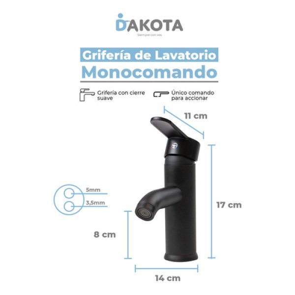Grifería De Baño Vanitory Dakota Canilla Monocomando Baja  Color Negro - Imagen 2
