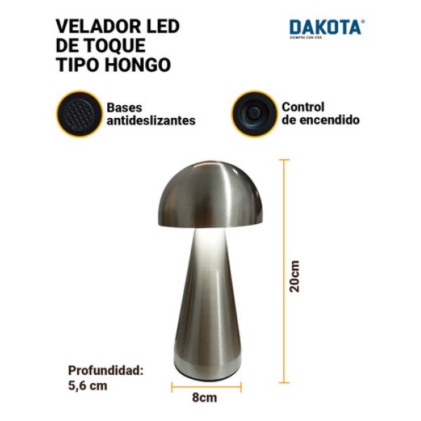 Lampara Velador Led Táctil Dakota Inalámbrico Usb 3 Intensidades De Color Diseño Hongo - Imagen 2