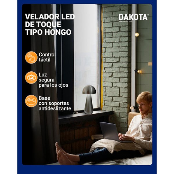 Lampara Velador Led Táctil Dakota Inalámbrico Usb 3 Intensidades De Color Diseño Hongo - Imagen 3