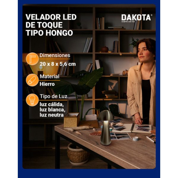 Lampara Velador Led Táctil Dakota Inalámbrico Usb 3 Intensidades De Color Diseño Hongo - Imagen 4