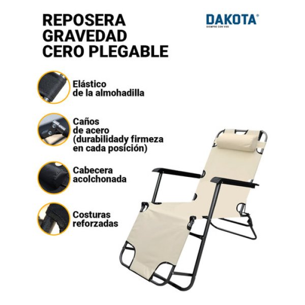Reposera Gravedad Cero Plegable Reforzada Dakota Soft150 Color Blanco - Imagen 5