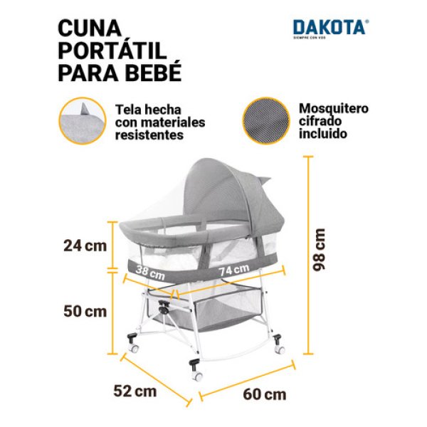 Cuna Mecedora Desmontable Dakota Mosquitero Multifunción Color Gris - Imagen 2