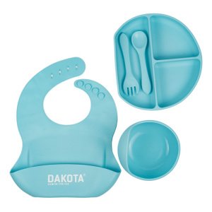 Set Plato Cubiertos Babero Silicona Dakota Completo 5 Piezas Color Celeste