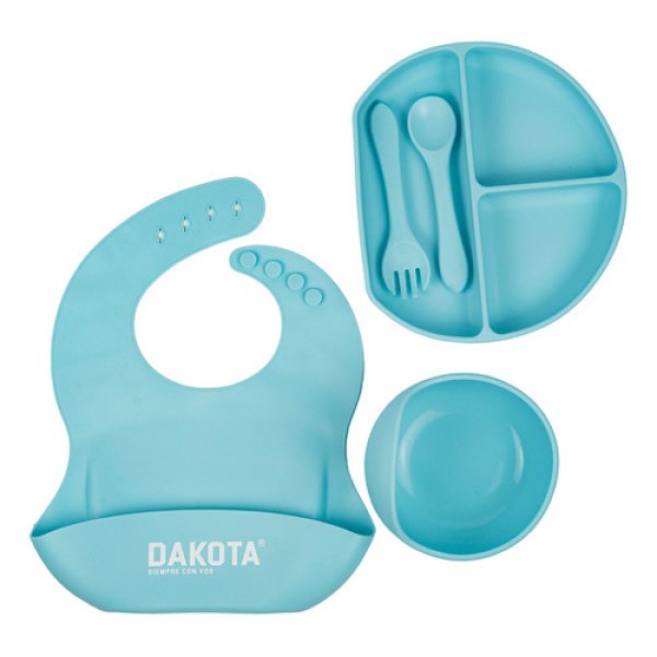 Set Plato Cubiertos Babero Silicona Dakota Completo 5 Piezas Color Celeste